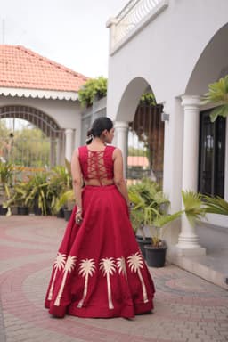Maroon Roman Lehenga with Kutchi Gamthi Square Neck Blouse