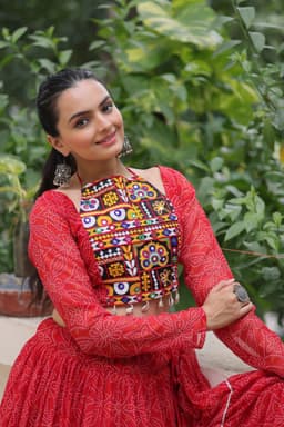 Red Bandhej Lehenga with Kutchi Gamthi Work for Garba Nights