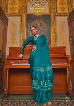 Teal Satin Chiffon Saree with Mandir Embroidery