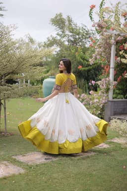 Ivory & Mustard Gamthi Lehenga with Lotus Gota