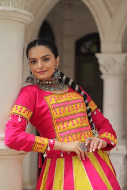 Hot Pink Yellow Gamthi Lehenga | Mirror Lace Garba Wear