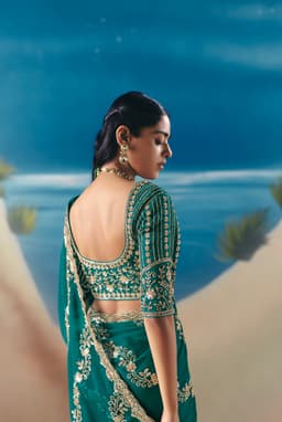 Emerald Green Party Wear Satin Organza Saree