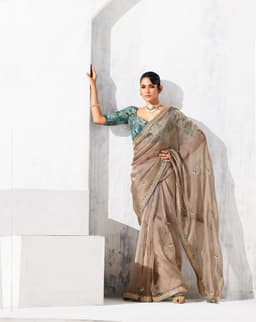 Taupe Beige Designer Organza Saree for Wedding Wear