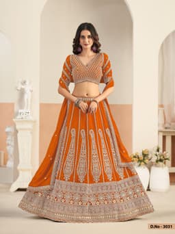 Burnt Orange Faux Georgette Heavy Embroidered Bridal Lehenga