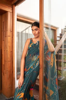 Teal Designer Printed Saree | Modern Party Wear