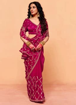 Pink Fendi Satin Heavy Sequins Embroidered Wedding Saree