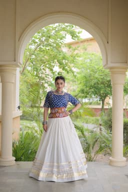Navratri Chaniya Choli Online | White Kora Cotton Lehenga with Blue Bandhej Blouse