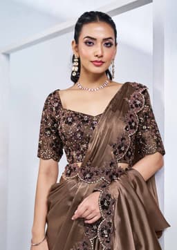 Mocha Brown Crepe Satin Silk Ready Saree