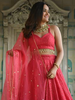 Coral Pink Georgette Engagement Designer Lehenga
