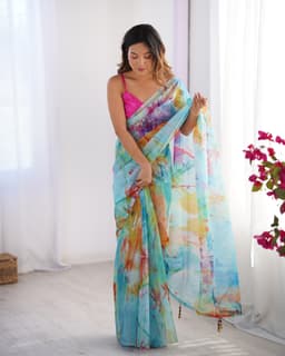 Multicolor Abstract Organza Saree with Art Silk Blouse