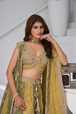 Mustard Yellow Georgette Tissue Double Dupatta Lehenga