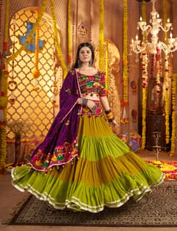 Purple Green Viscose Cotton Navratri Lehenga Choli for Garba