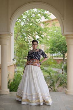 Navratri Lehenga Choli Online | White Black Lehenga with Bandhej Gamthi Blouse