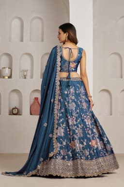 Sky Blue Crepe Silk Floral Sequins Embroidered Lehenga