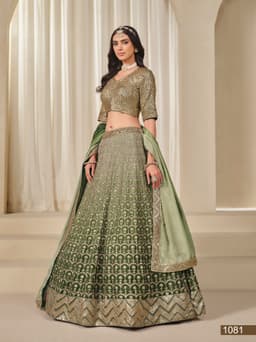 Green Chinon Silk Lehenga Choli