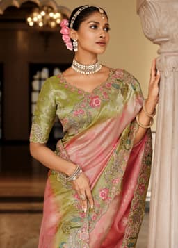 Pink & Olive Green Soft Silk Zari Weaving Saree – Heavy Embroidery Bridal Wear