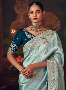 Ice Blue Silk Saree with Heavy Embroidery Work