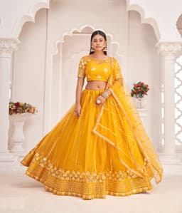 Mustard Yellow Net Designer Lehenga
