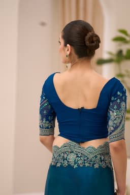 Luxury Teal Blue Party Wear Satin Chiffon Saree