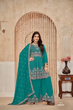 Teal Green Chinon Palazzo Suit Set with Dupatta