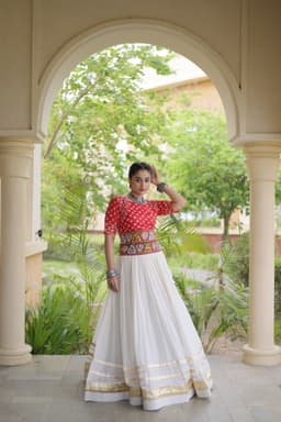 Navratri Lehenga Choli | Red Bandhej Blouse & White Lehenga for Navratri