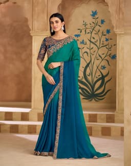 Teal Blue Chiffon Embroidered Wedding Saree
