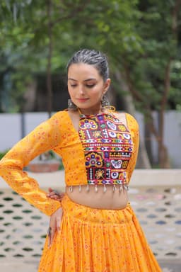 Yellow Bandhej Lehenga with Gamthi Embroidery for Navratri
