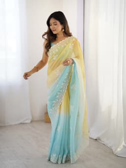 Pastel Yellow Aqua Blue Ombre Crunchy Silk Saree With Embroidery