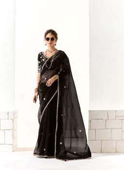 Luxury Black Organza Heavy Work Party Wear Saree