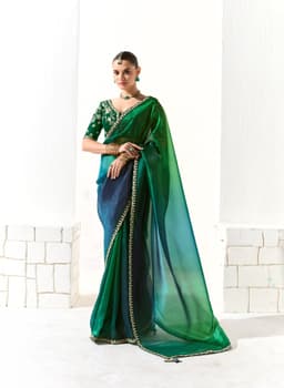 Emerald Green Organza Tissue Party Wear Saree