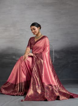 Coral Pink Kanjivaram Soft Silk Saree With Meenakari