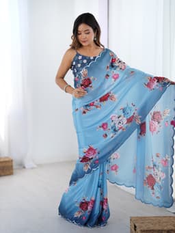 Dusty Blue Floral Chinon Saree