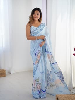 Powder Blue Chinon Printed Saree