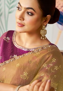 Golden Mustard Embroidered Satin Organza Silk Saree