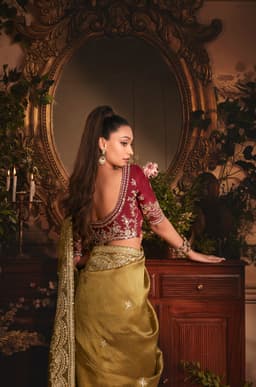 Olive Gold Tissue Saree with Heavy Zari Border