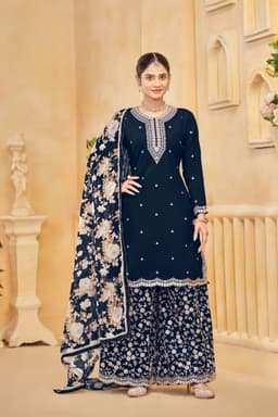 Navy Blue Roman Silk Palazzo Suit