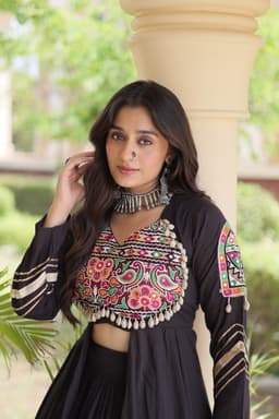 Garba Ghagra Choli | Black Kora Cotton Lehenga with Gamthi Mirror Shrug