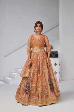 Rust Orange Raw Silk Peacock Motif Wedding Lehenga