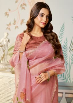 Dusty Rose Swarovski Satin Organza Silk Designer Saree