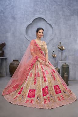 Champagne Pink Peacock Banarasi Silk Bridal Lehenga
