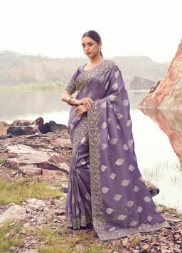 Lavender Purple Reception Wear Saree with Khatli Work