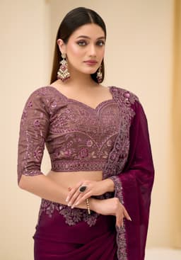 Plum Satin Silk Designer Saree for Wedding Reception & Party Wear