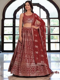 Maroon Georgette Thread Sequins Bridal Wedding Lehenga