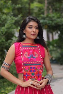 Hot Pink Gamthi Lehenga with Mirror Work for Navratri Garba