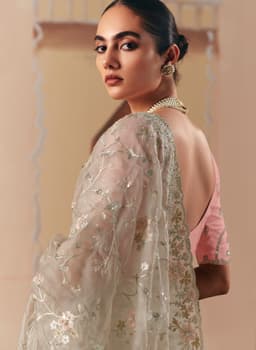 Ivory Beige Floral Embroidered Saree