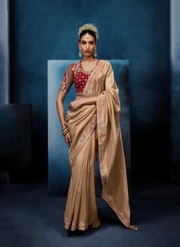 Champagne Gold Fancy Saree with Wine Embroidered Designer Blouse