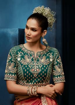 Peach Coral Fancy Saree with Peacock Embroidered Blouse