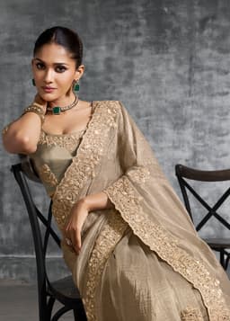 Champagne Gold Designer Tissue Saree | Wedding Saree Collection