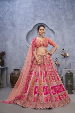 Peach Pink Banarasi Silk Bridal Lehenga for Wedding