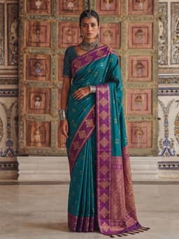 Teal Soft Silk Saree with Purple Woven Border